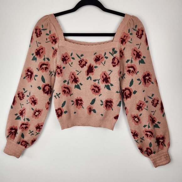 Willow & Wind Cropped Long Sleeve Square Neck Floral Knit Sweater S Cottagecore - Picture 1 of 8